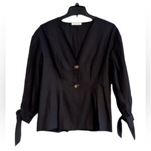 All Row V-neckline, pleated 2 button front & puff sleeves, tie-cuff detail Small